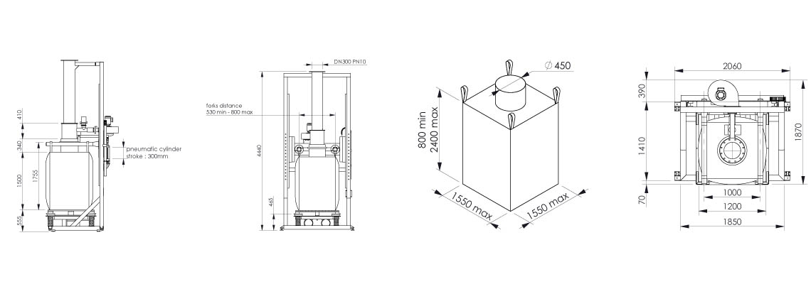 plano y dimensiones de la estación de llenado de súper sacos - Flowmatic 03 Palamatic Process