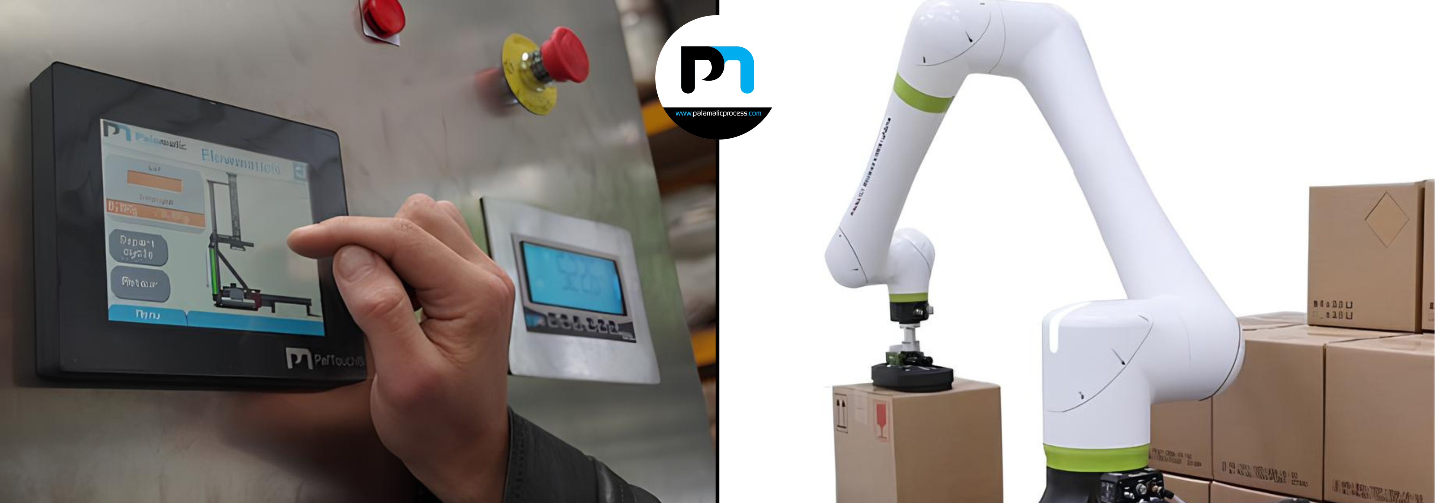Control de un equipo Palamatic Process mediante pantalla táctil y robot colaborativo que realiza la paletización de cajas de cartón.