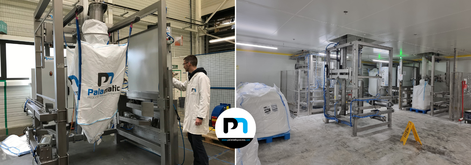 Instalación de manipulación de polvo industrial de Palamatic Process: vaciado de bolsas grandes y cintas transportadoras en entorno industrial. Logotipo en el centro.