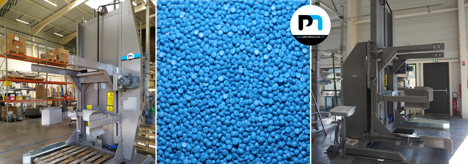 Equipos de vaciado de octabines para polvos y granulados, con gránulos de plástico azul en el centro. Logotipo de Palamatic Process en la parte superior derecha.