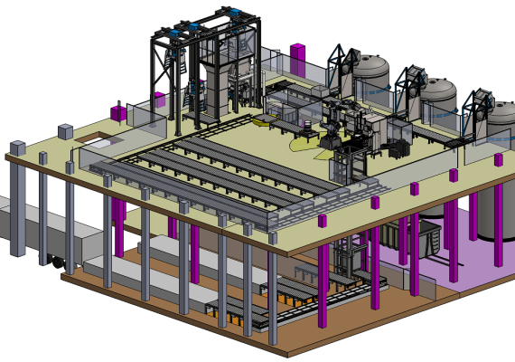 Plan d’usine avec convoyeurs et robot DrumBot 100