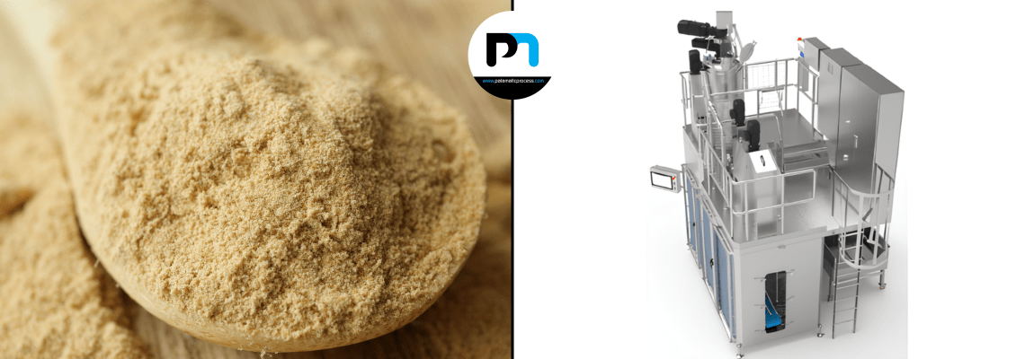 Línea de envasado Palamatic Process para levaduras en polvo. Envasado automatizado con NEP y visualización de levadura deshidratada en copos.