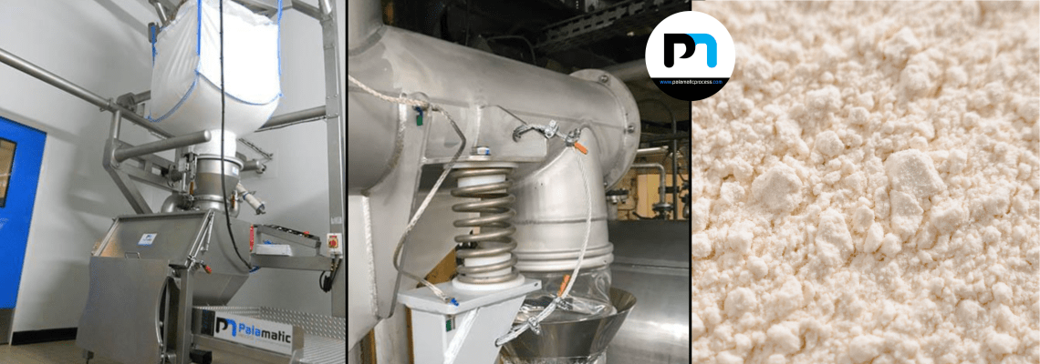 Instalación Palamatic Process para la transferencia y dosificación automatizadas de polvos lácteos: estación de big bags, transferencia cerrada y leche en polvo.