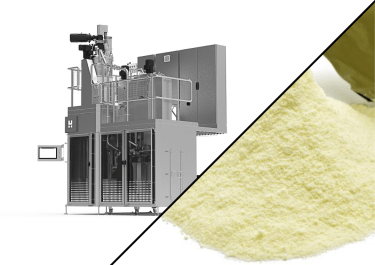 Envasadora automática Palamatic Process HBM 1040 para productos lácteos en polvo, con pantalla que muestra la leche en polvo envasada en bolsas de aluminio.