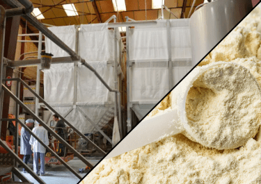 palamatic-process-transferencia-automatica-leche-label Palamatic Process flexible textile silos for storing and dosing dairy powders – installation in a dairy and view of packaged powder.