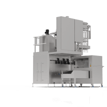 Envasadora higiénica automática Palamatic HBM1030 para el envasado de polvos y productos delicados en bolsas preformadas de 5 a 25 kg. Máquina de llenado y sellado de alta cadencia, adecuada para la industria agroalimentaria, química y farmacéutica. Diseño lavable NEP/CIP conforme a las normas BRC, IFS y EHEDG.