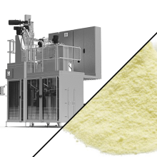 Envasadora automática Palamatic Process HBM 1040 para productos lácteos en polvo, con pantalla que muestra la leche en polvo envasada en bolsas de aluminio.