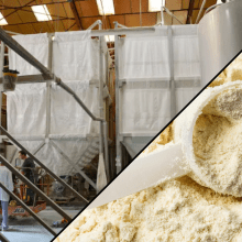 palamatic-process-transferencia-automatica-leche-label Palamatic Process flexible textile silos for storing and dosing dairy powders – installation in a dairy and view of packaged powder.