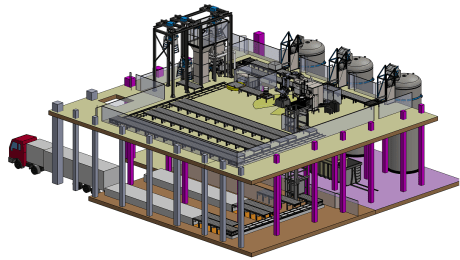 Plan d’usine avec convoyeurs et robot DrumBot 100