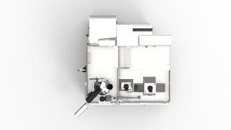 Vue de dessus de l’ensacheuse hygiénique HBM1030 Palamatic montrant l’agencement interne des composants : vis de dosage, trémie hygiénique, convoyeurs, système de fermeture et architecture modulaire. Conception optimisée pour le nettoyage NEP/CIP et les changements de format rapides.